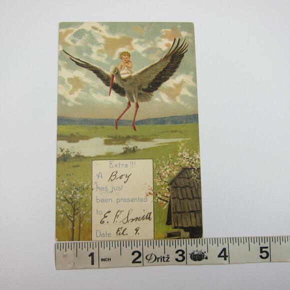Postcard Birth Announcement Blonde Baby Boy Rides Flying Stork Pond Antique 1912 - Picture 7 of 12
